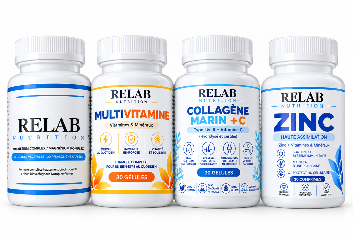 RELAB NUTRITION – Pack Bien-être Complet (Collagène Marin +C + MultiVitamine + Zinc + Magnésium)