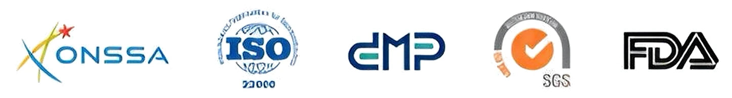 Logos des certifications du laboratoire : ONSSA, ISO 22000, GMP, SGS et FDA